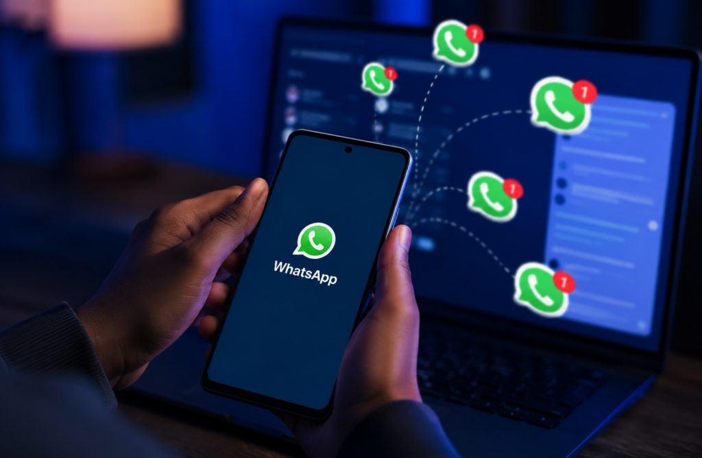 mao a segurar telemovel com whatsapp aberto ligado a varios numeros de whatsapp a sair de um portatil, representando envio em massa sem api oficial